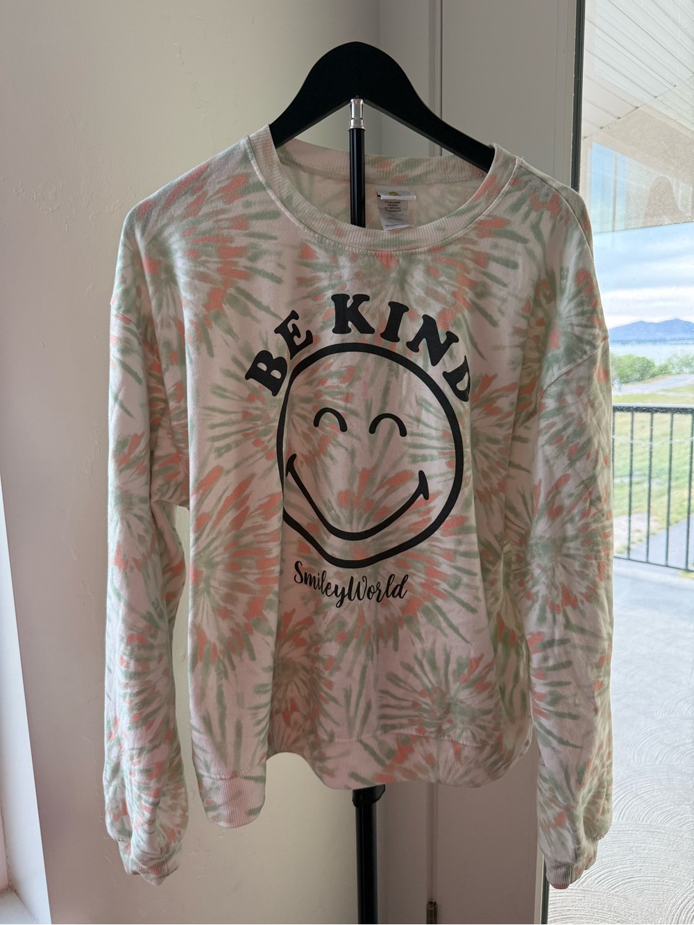 SmileyWorld 'Be Kind' Tie-Dye Crewneck Sweater - Pastel Pink & Sage